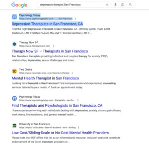 Google search results for "depression therapist San Francisco"