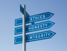 Street signs for Ethics, Honesty and Integrity